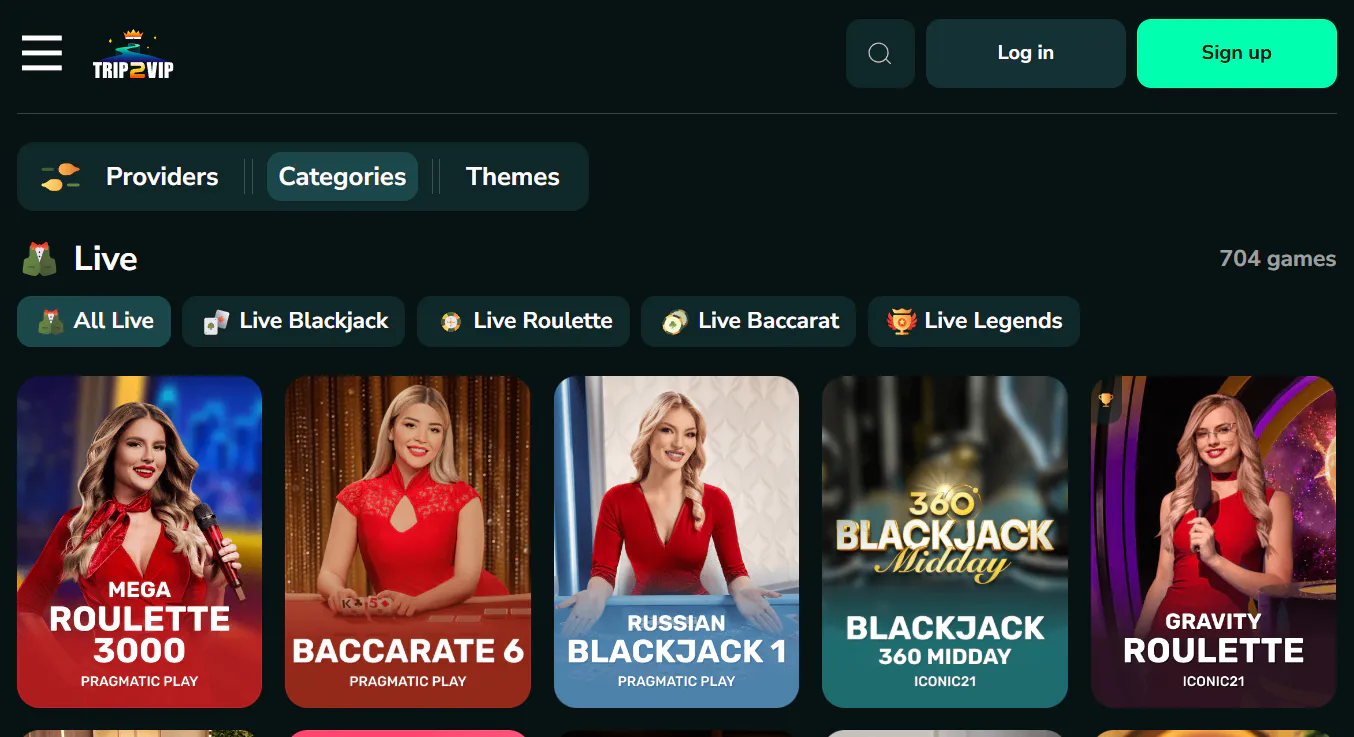 Trip2Vip live casino lobby showing dealer tables and provider labels