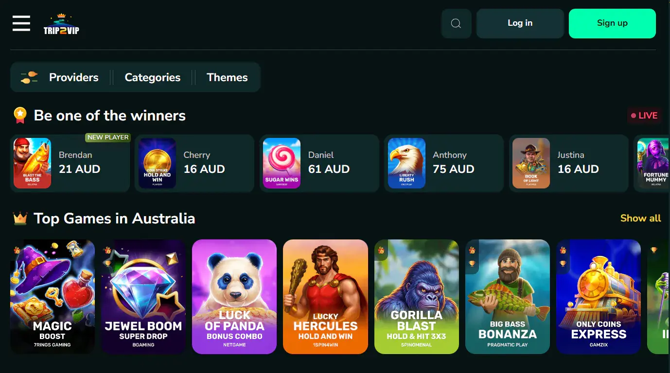 Trip2Vip casino lobby showing the current game interface and navigation